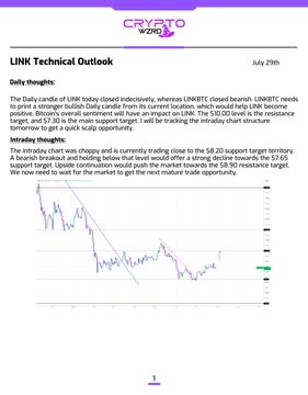 A cryptocurrency analysis report titled 'LINK Technical Outlook' from CryptoZens dated July 27th, discussing Chainlink (LINK) price predictions with a downward-trending chart.