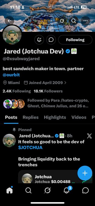 The image shows a social media feed of a Twitter account that has several posts made by users, including one from @jozayCrypt and another from @d_KingRavi. The tweets seem to be discussions related to finance or personal matters with some mentions of cryptocurrency. There is also a post on the same user's account, which says "Thank you @0xsubwayjared 6GgkaomHGCn5211nW9ALKbxNGB8J1ZDE5 nu 4 W Lu Vb 1 Ca".