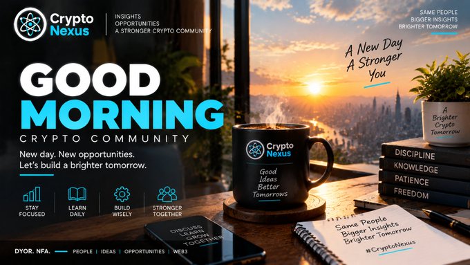 A 'Crypto Nexus' 'Good Morning' social media graphic featuring a mug, books about discipline and patience, and slogans like 'A New Day A Stronger You' and 'build a brighter tomorrow.'