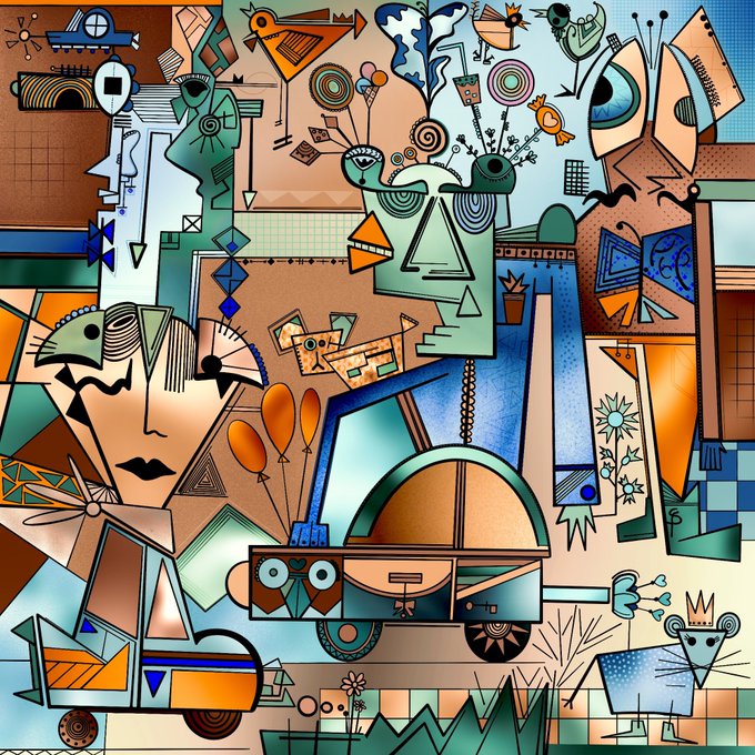 A vibrant, abstract cubist-style artwork featuring a collage of geometric shapes, faces, animals, and vehicles rendered in earth tones, blues, and oranges.