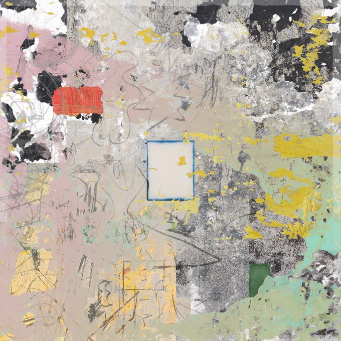 An abstract mixed-media painting featuring layered textures, pastel pinks and grays, yellow paint splotches, black scrawls, a small white framed square in the center, and a red rectangular patch.