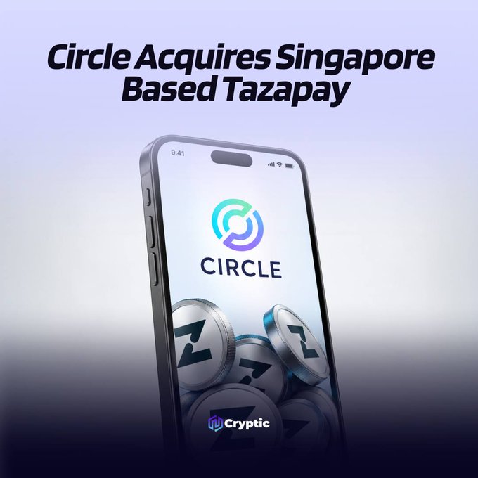 A promotional graphic with a soft purple gradient background displays the bold headline "Circle Acquires Singapore Based Tazapay," paired with a smartphone showing the Circle app logo and Zcash-themed coin icons, visually reinforcing the $400 million acquisition of APAC-focused payment provider Tazapay by USDC issuer Circle.