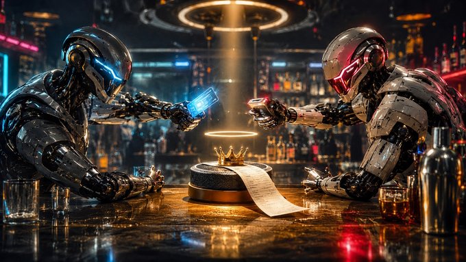 The image shows two robots, possibly AI agents or cyborgs, walking into a bar with a bartender behind them. They are both holding drinks from glasses placed on the counter. One of the robots hands over its drink to the other robot as if to say "let's split this bill". The second robot declines and says "I'm paying for my own drink", implying dominance or control over the situation. The third robot, who is sitting at the bar, seems to be in a state of confusion or disagreement with the first two robots.