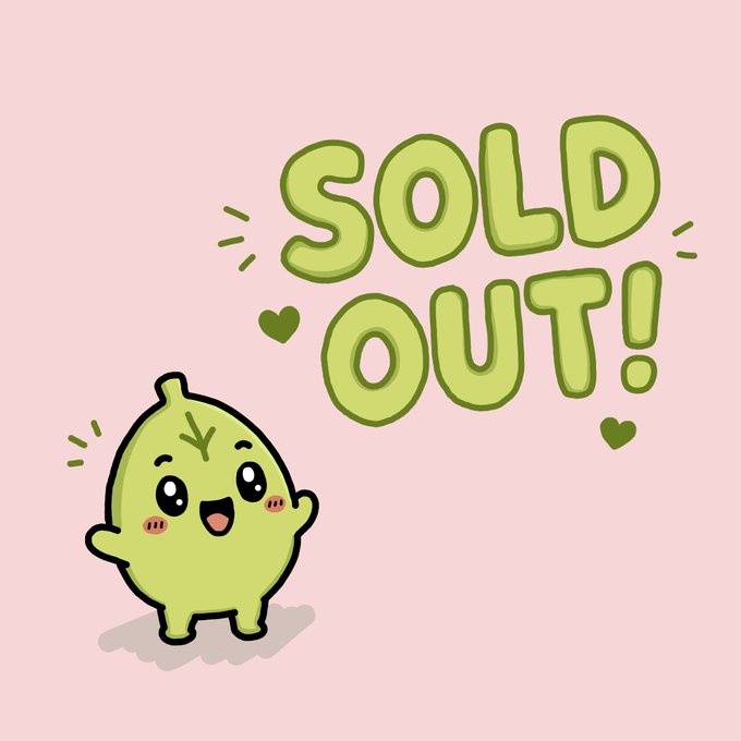 A cute cartoon green sprout character with a happy expression next to large bubble text reading 'SOLD OUT!' on a pink background.