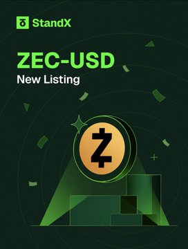 StandX promotional graphic announcing 'ZEC-USD New Listing' featuring a large Z logo coin on a green geometric background.