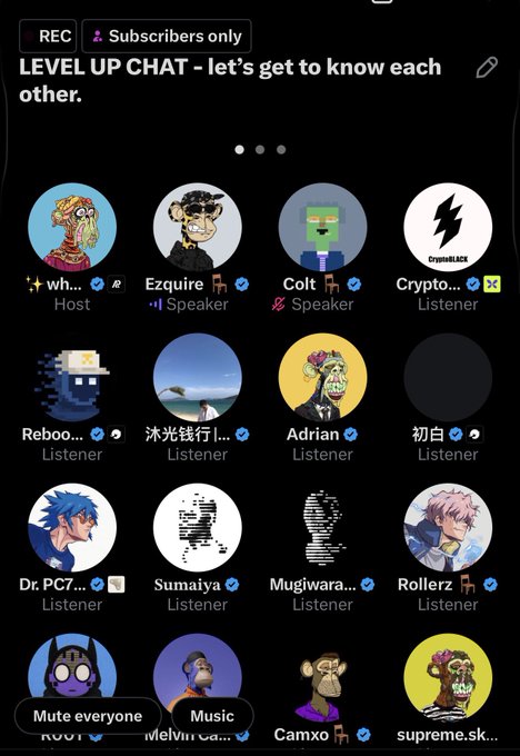 A screenshot of a Twitter Spaces audio chat titled "LEVEL UP CHAT - let's get to know each other," hosted by "wh..." featuring speaker Ezquire alongside other listeners and speakers like Colt, CryptoBLICK, Reboo, and others in the NFT/crypto community. The image visually supports the post by showing the live audio room where Ezquire is highlighted as a speaker participating in the conversation.