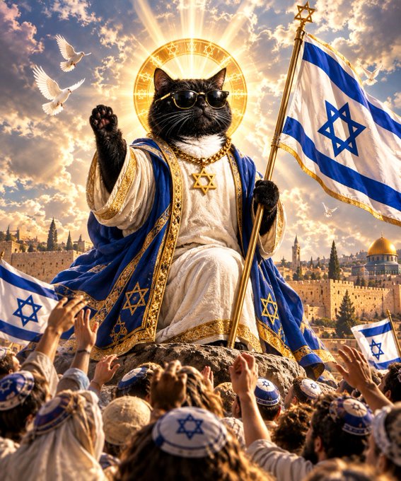 AI-generated image of a black cat wearing sunglasses and royal robes, depicted as a messianic figure holding an Israeli flag and a Star of David necklace, with a crowd of worshippers wearing kippahs below.