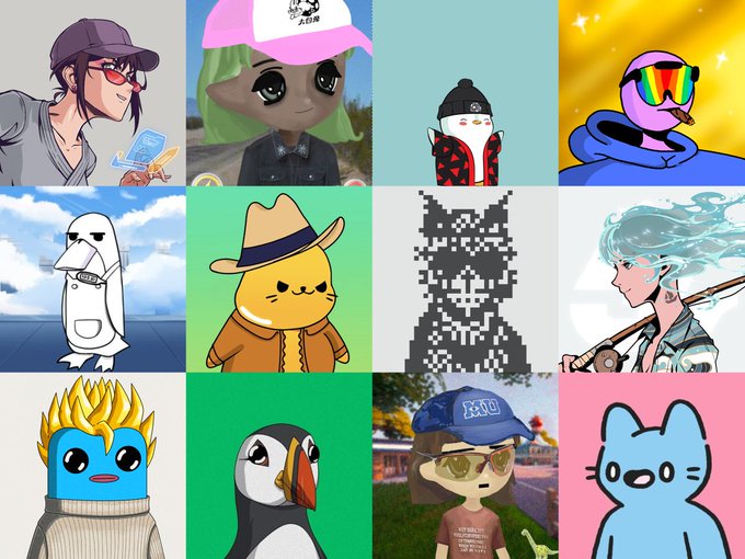 The image features a grid of nine different cartoon characters, each with their own unique style and appearance. The characters include a penguin, a cat, a bird, a fish, an ostrich, a polar bear, a seal, and a giraffe. These characters are arranged in a square format within the image, showcasing various styles and themes. The post appears to be promoting or celebrating these cartoon characters, as indicated by the caption "Some of the best pfp on eth - Final bosu - Milady maker - Lil pudgy - Abnormal mfer - Wassie - Sappy seal - Normies - Azuki - Fwog - Puffin - Remeliobaby - Cool cats you agree?".