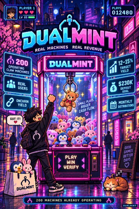 A vibrant, anime-style arcade claw machine game screen called 'DualMint' featuring a character, plush toys, and stats like '200 OPERATING CLAW MACHINES', '12-15% TARGET YIELD', '$230K DEPOSIT GOAL', and 'MONTHLY DISTRIBUTIONS'.