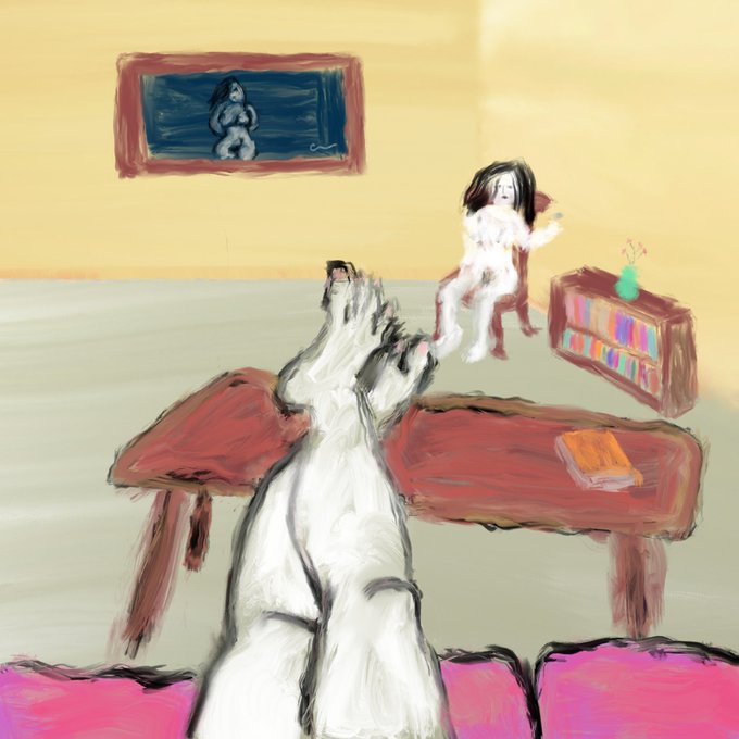 A rough, expressionist painting depicting a dog standing on its hind legs facing a seated figure at a red desk, with a framed picture on the yellow wall behind them.