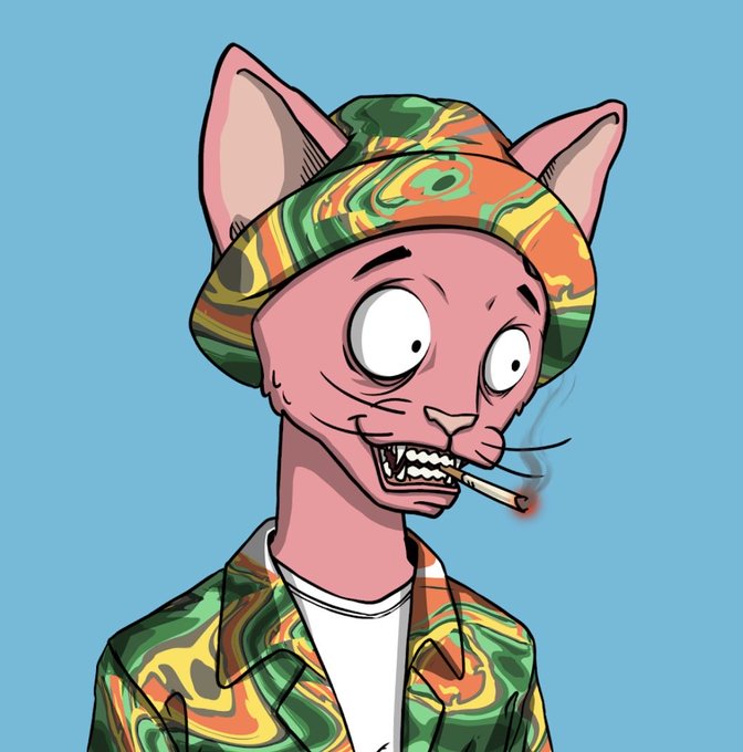 A cartoon illustration of a pink, cat-like humanoid character with wide eyes, smoking a cigarette, and wearing a camouflage bucket hat and jacket.