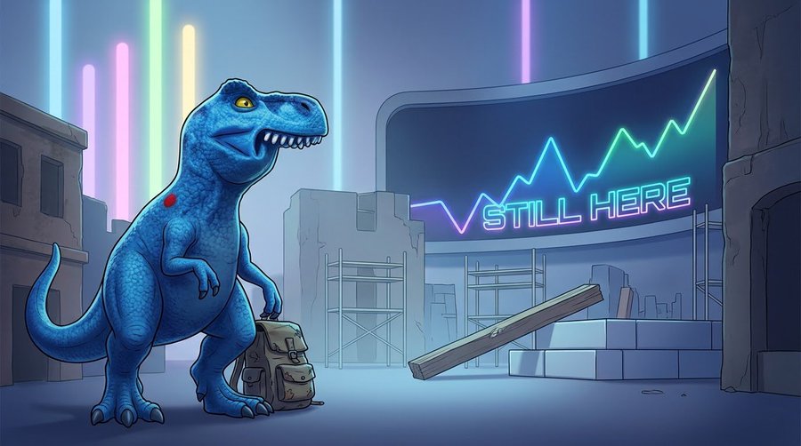 An illustration depicts a blue Tyrannosaurus rex holding a backpack in a construction site, with a neon sign in the background reading 'STILL HERE' alongside an upward-trending chart line.