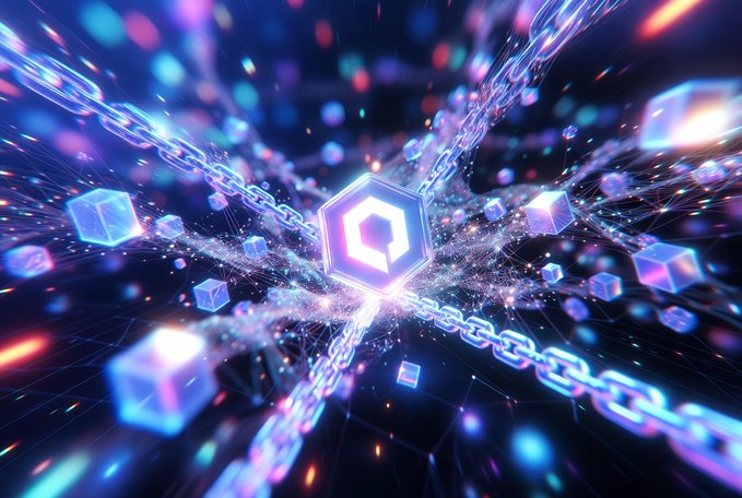A glowing blue hexagonal emblem with a "Q" symbol at its center is interconnected by luminous digital chains, representing the Quip Network ($QUIP) token and its role as the foundational utility asset powering the ecosystem's compute credits, network fees, and rewards.
