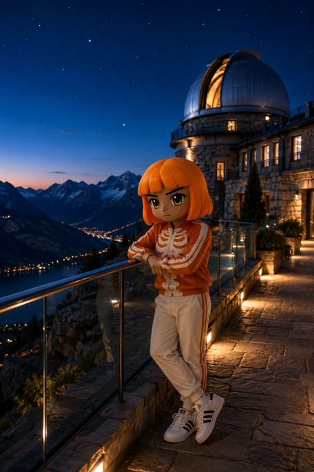 A stylized cartoon-like figure with orange hair and a skeleton-print orange hoodie stands on a stone balcony overlooking mountains and a starry sky, with an observatory building behind them.