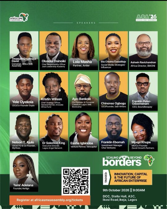 A promotional graphic for the 'Africa SME Assembly 2026' (ASBA '26) listing 15 speakers including Treasure Enyinnaya David, Olusola Osinloli, and Lola Masha, with the theme 'Scaling Beyond Borders' and event details for 9th October 2026 in Lagos.