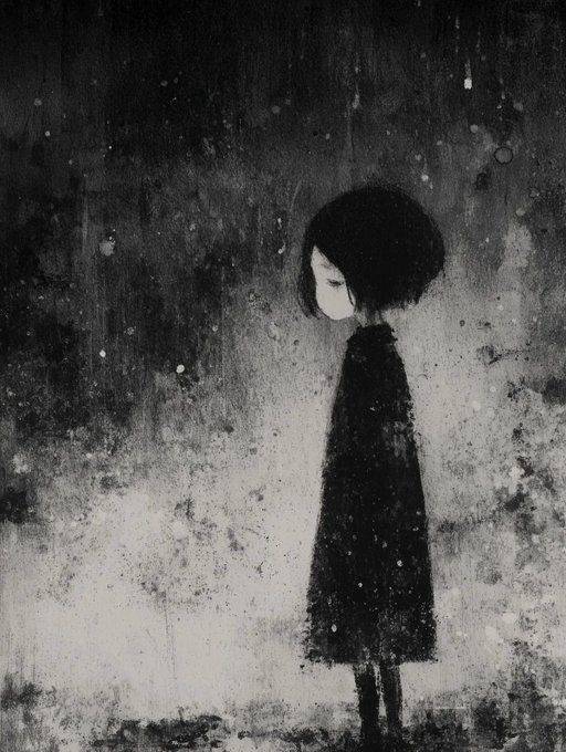 A moody black-and-white illustration of a small girl in a dark dress standing in a shadowy, ink-splattered environment with a downward gaze.