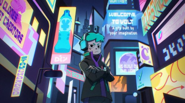 A teal-haired animated character wearing headphones and a green jacket stands with crossed arms in a vibrant neon-lit cyberpunk cityscape, beneath billboards reading "WELCOME TO VOLT — A city built by your imagination" alongside other signs for "D!Z" and "DECK STREET." The image visually reinforces the post's theme by depicting Volt as an immersive, expansive digital "city" ecosystem rather than just static NFT art, matching the narrative's claim that the project offers more than mere collectible pictures.