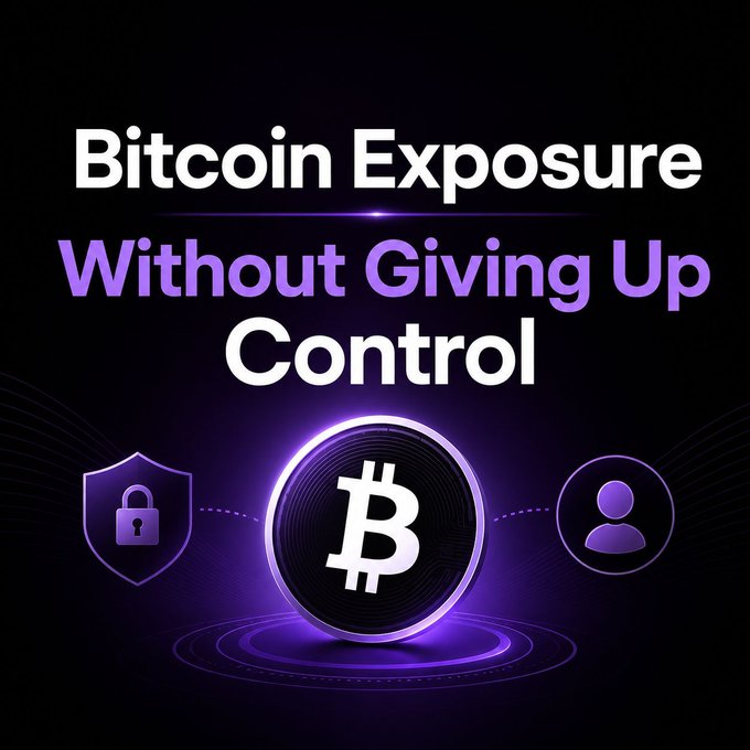 A purple and black promotional graphic for a Bitcoin investment platform, featuring a central Bitcoin coin flanked by security and user icons, with the headline 'Bitcoin Exposure Without Giving Up Control'.