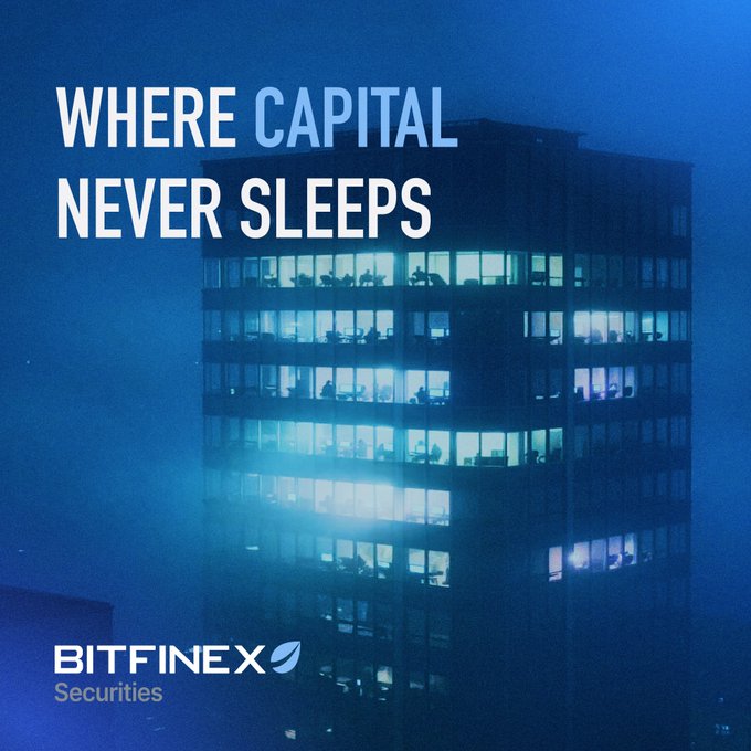 A dark blue promotional image showing an illuminated skyscraper at night with the text 'WHERE CAPITAL NEVER SLEEPS' and the 'BITFINEX Securities' logo.