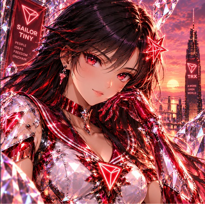 Anime-style artwork of a dark-haired girl with red eyes in a crystal-themed outfit, featuring 'SAILOR TINY' text reading 'PEOPLE IDEAS FREEDOM ONCHAIN' and 'TRX A MORE OPEN WORLD' on a tower in the background.