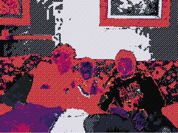 A highly stylized, pixelated red and black image of three figures sitting together, with a dithering/noise visual effect applied.