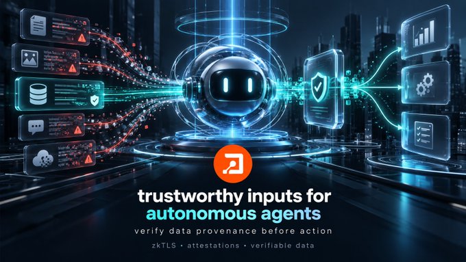A futuristic digital illustration of a robot with a screen displaying the text 'trustworthy inputs for autonomous agents' and 'verify data provenance before action', along with 'zkTLS · attestations · verifiable data'.