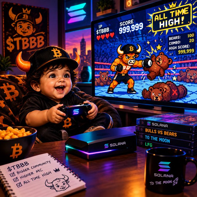 A colorful, AI-generated image of a baby wearing Bitcoin-themed apparel playing a video game called 'SOLANA BULLS VS BEARS' with an 'ALL TIME HIGH!' score of 999,999, surrounded by Solana merchandise.