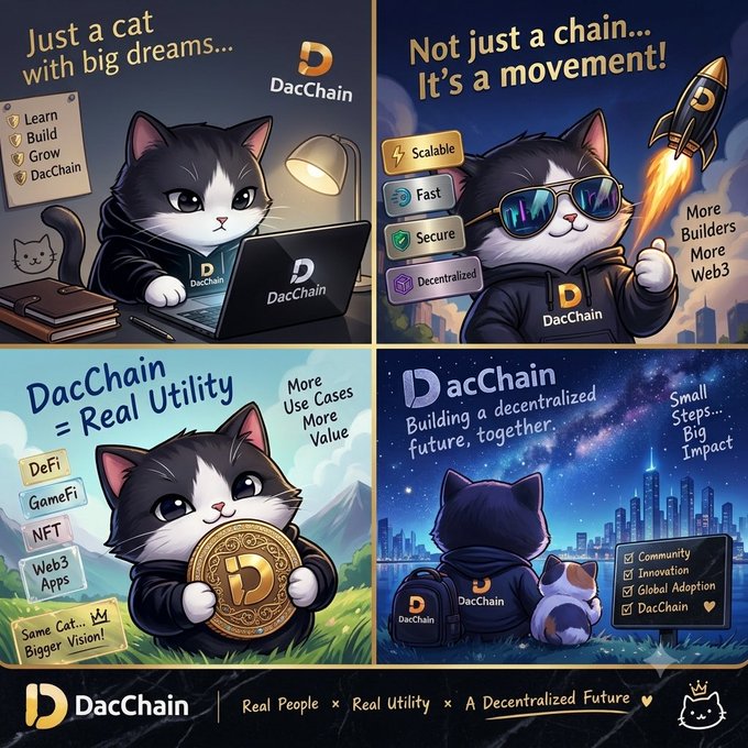 A four-panel cartoon illustration for 'DacChain' featuring a cat mascot, with text promoting its utility including Learn/Build/Grow, Scalable/Fast/Secure/Decentralized, DeFi/GameFi/NFT/Web3 Apps, and building a decentralized future.