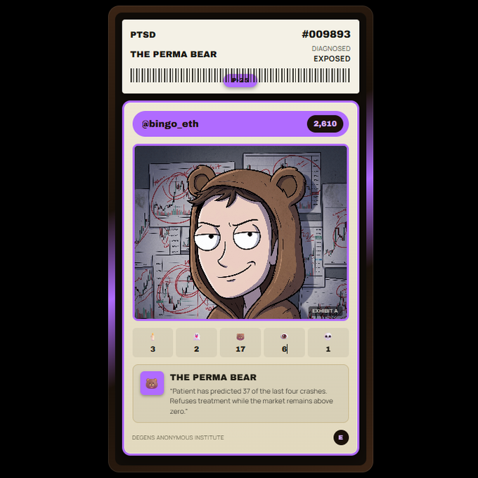 A digital trading card titled 'THE PERMA BEAR' from @bingo_eth featuring a 'DIAGNOSED EXPOSED' Rick and Morty-style cartoon character, with stats showing 3, 2, 17, 6, 1 and text reading 'Patient has predicted 37 of the last four crashes. Refuses treatment while the market remains above zero.'