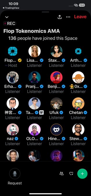 A Twitter Space titled 'Flop Tokenomics AMA' hosted by 'Flop...' shows 136 joined listeners and speakers with avatars on a mobile interface.
