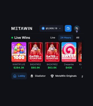 The image shows the MetaWin casino homepage with a balance of $5,908.19, highlighting "Live Wins" of $284.3K, $80.9K, $63.9K, and $400K on games like Sweet Bonanza 1000 and Gates of Olympus 1000. The accompanying post celebrates a player withdrawing $287,000 instantly, illustrating MetaWin's instant withdrawal feature and qualifying users for a $1M August drop.