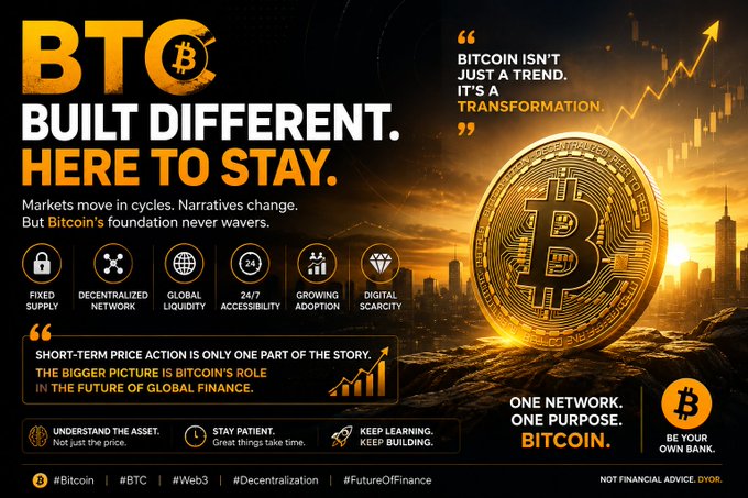 A Bitcoin promotional graphic reads 'BTC BUILT DIFFERENT. HERE TO STAY.' and 'BITCOIN ISN'T JUST A TREND. IT'S A TRANSFORMATION', featuring a large golden Bitcoin coin and attributes like fixed supply and decentralization.