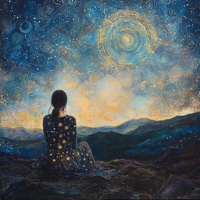 A stylized painting in the style of Van Gogh's Starry Night, depicting a woman in a starry blue dress sitting on a hill and gazing out at a swirling, luminous night sky.