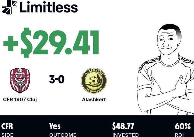 A Limitless betting result showing a +$29.41 profit from a CFR 1907 Cluj vs. Alashkert match (3-0), with $48.77 invested and a 60% ROI.
