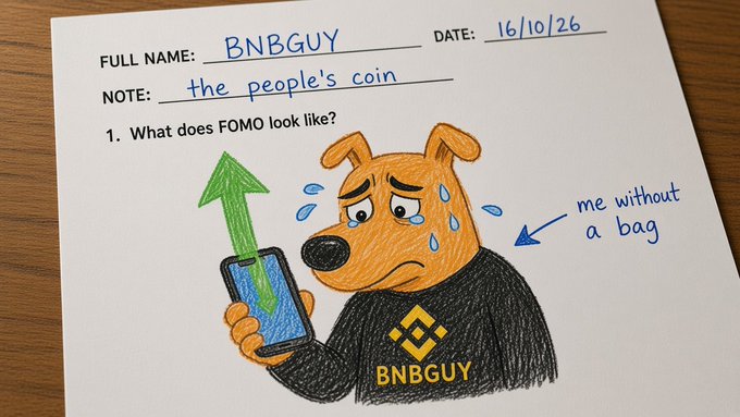 A hand-drawn sketch on notebook paper titled 'BNBGUY' dated 16/10/26, depicting a cartoon dog sweating while holding a phone with an upward arrow, captioned 'me without a bag' with the BNB logo.