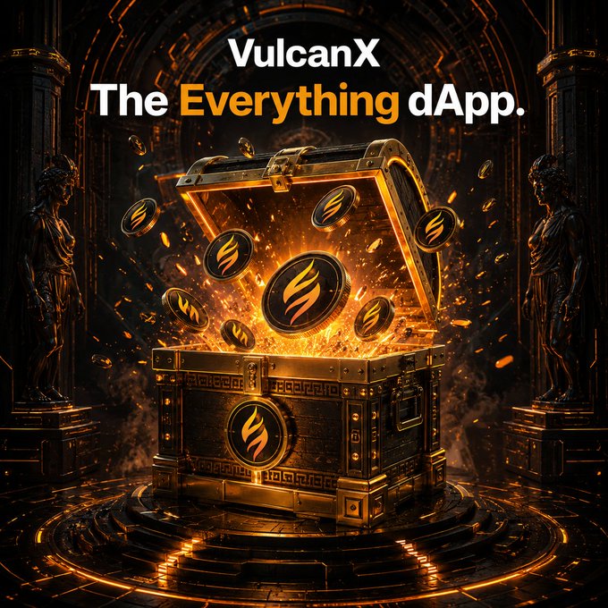 A glowing treasure chest bursts open with fiery gold tokens bearing the VulcanX emblem, set in a dark, temple-like chamber flanked by statues. The text "VulcanX The Everything dApp" appears above, visually echoing the post's theme of ongoing building and refinement—symbolizing the steady, fiery work of forging the Vulcan ecosystem behind the scenes.