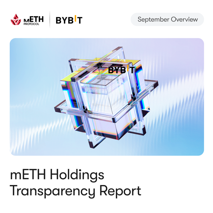 A mETH Holdings Transparency Report by METH Protocol and BYB|T for September, featuring a 3D crystalline cube logo with sound wave graphics in the background.