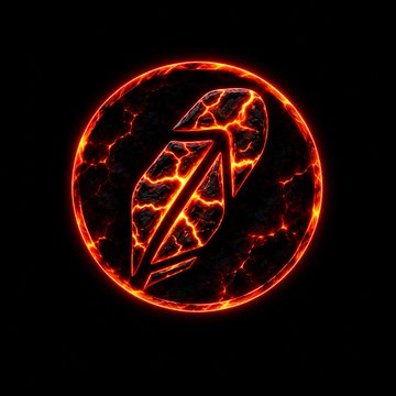 A glowing red-orange circular emblem featuring a stylized 'D' or lightning-like symbol against a black background.