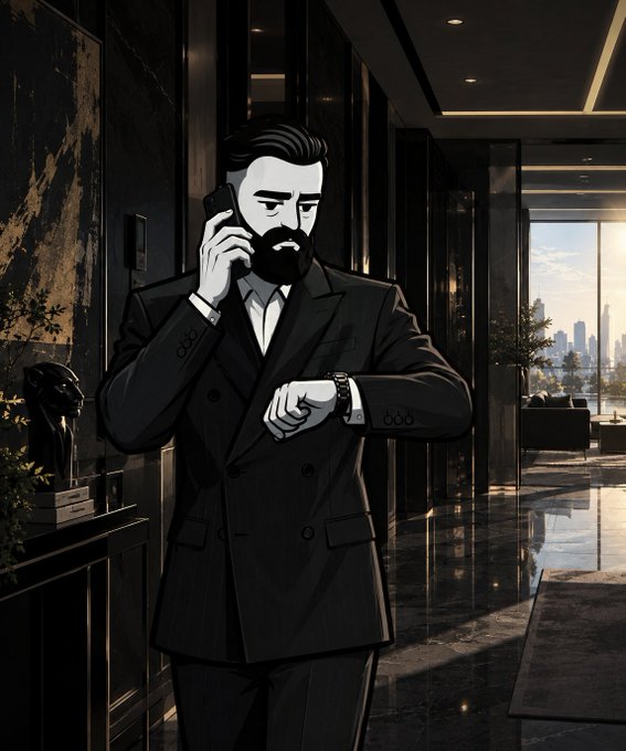 Black and white anime/manga-style illustration of a bearded man in a dark suit talking on the phone while checking his watch in a luxurious modern interior.