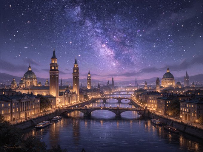 A fantastical illustration of a European cityscape at night with illuminated bridges over a river, classical architecture, and a vibrant Milky Way galaxy filling the starry purple sky.