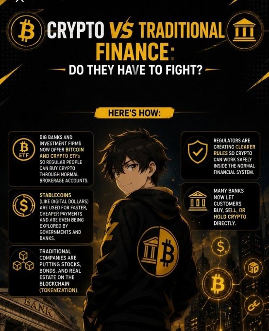 An anime-style infographic titled "Crypto vs Traditional Finance: Do They Have to Fight?" outlines six points showing their convergence, including big banks offering Bitcoin and crypto ETFs, regulators establishing clearer rules, stablecoins enabling faster payments, banks allowing customers to buy crypto directly, and traditional companies tokenizing stocks and bonds on the blockchain.

The image visually reinforces the post's message that crypto and traditional finance are not enemies but are increasingly merging, as shown by the central figure wearing a hoodie featuring both a bank and Bitcoin logo, symbolizing the union of these two financial worlds.