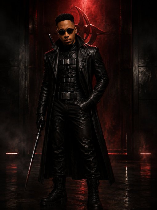 The image depicts a person in a black leather trench coat, sunglasses, and combat boots, wielding a bloody sword in a dramatic, dark setting with a red emblem glowing behind them. The post likely uses this striking, action-packed warrior imagery as a motivational symbol to inspire the "builders" in their crypto/Web3 community for the new week.