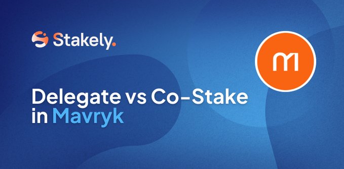 Stakely promotional banner with blue background reading 'Delegate vs Co-Stake in Mavryk' featuring the orange Mavryk 'm' logo.