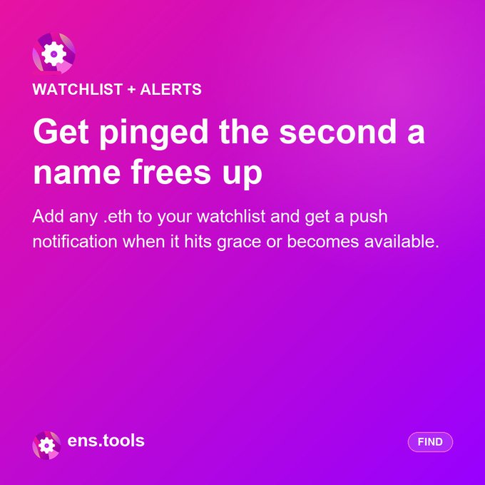 A pink and purple gradient graphic for ens.tools featuring the text 'WATCHLIST + ALERTS' and 'Get pinged the second a name frees up' with a 'FIND' button.
