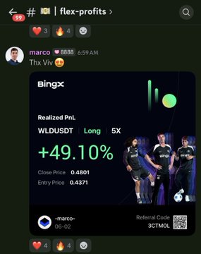 The image features a social media post by Marcoco, which seems to be a conversation about a recent trading action for Bitcoin or WLDD token between two people wearing black jerseys. The post includes text such as "Referrals code here", an image of a logo for Marcoco (which has been edited), and various emoticons like the smiley face with a heart, the frowning face with a question mark, and the thumbs up sign. Additionally, there is a screenshot from another social media platform displaying the price of WLDD token for the week as $49.91 and the difference between the actual closing price and the trading price being +49.10% off. The post also contains a reference code that says "03CMTOL". This could indicate that Marcoco is referring to a specific conversation or action within this social media context, such as a trade involving WLDD token.