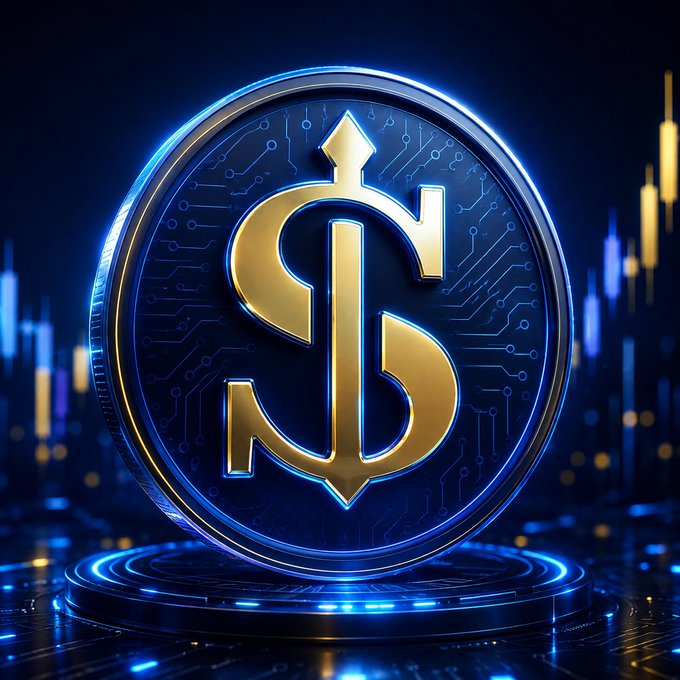 A stylized 3D rendering of a blue and gold dollar coin with a circuit board design stands on a glowing platform against a dark background.