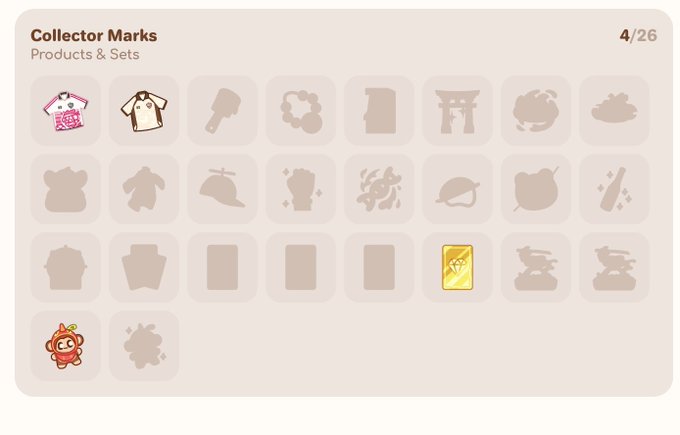 A screenshot of a 'Collector Marks' progress page showing 'Products & Sets' with a counter reading '4/26', displaying various lock/unlocked icons including jerseys, torii gates, and a highlighted gold 'TEST' stamp.
