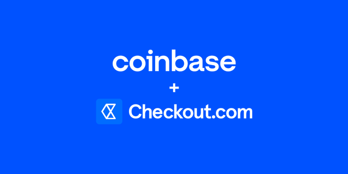 The image features a blue banner with white text that reads "Coinbase + CheckOut.com". The text indicates that stablecoins are now available for merchants who partner with Checkout, powered by Coinbase Payments. This means that merchants can accept stablecoin payments from users through Checkout's existing payment rails. The post also mentions that consumers pay in USDC or USDT and that merchants settle the transactions using the existing payment rails.