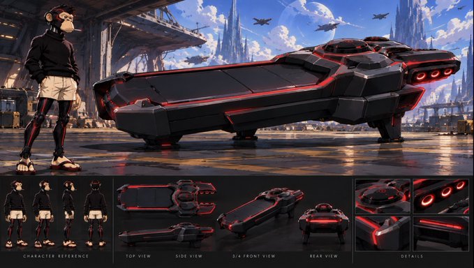 A futuristic sci-fi concept art shows a sleek black spacecraft with red accents alongside an anthropomorphic monkey character, with reference views labeled at the bottom including "CHARACTER REFERENCE," "TOP VIEW," "SIDE VIEW," "3/4 FRONT VIEW," and "REAR VIEW."