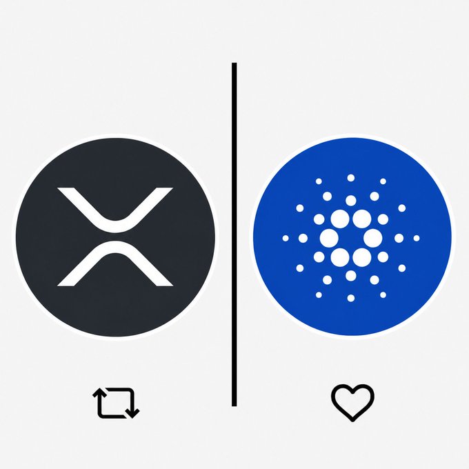 A split logo image showing the XRP (X) logo on a dark circle with a swap icon, and the Cardano (ADA) logo on a blue circle with a heart/favorite icon.